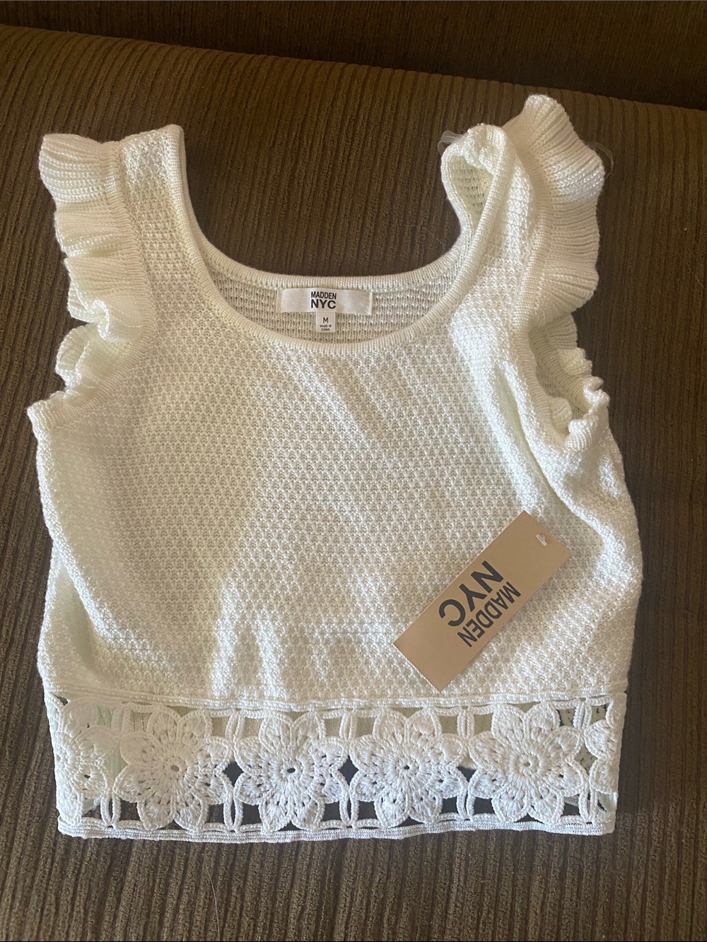 Madden NYC White Crochet-Hem Ruffle Sleeve Tank